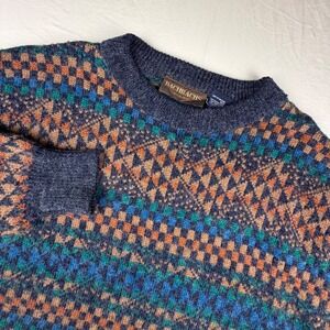 Bachrachs Geometric Knit Crewneck Sweater Mens XL Blue Orange Pattern 0048